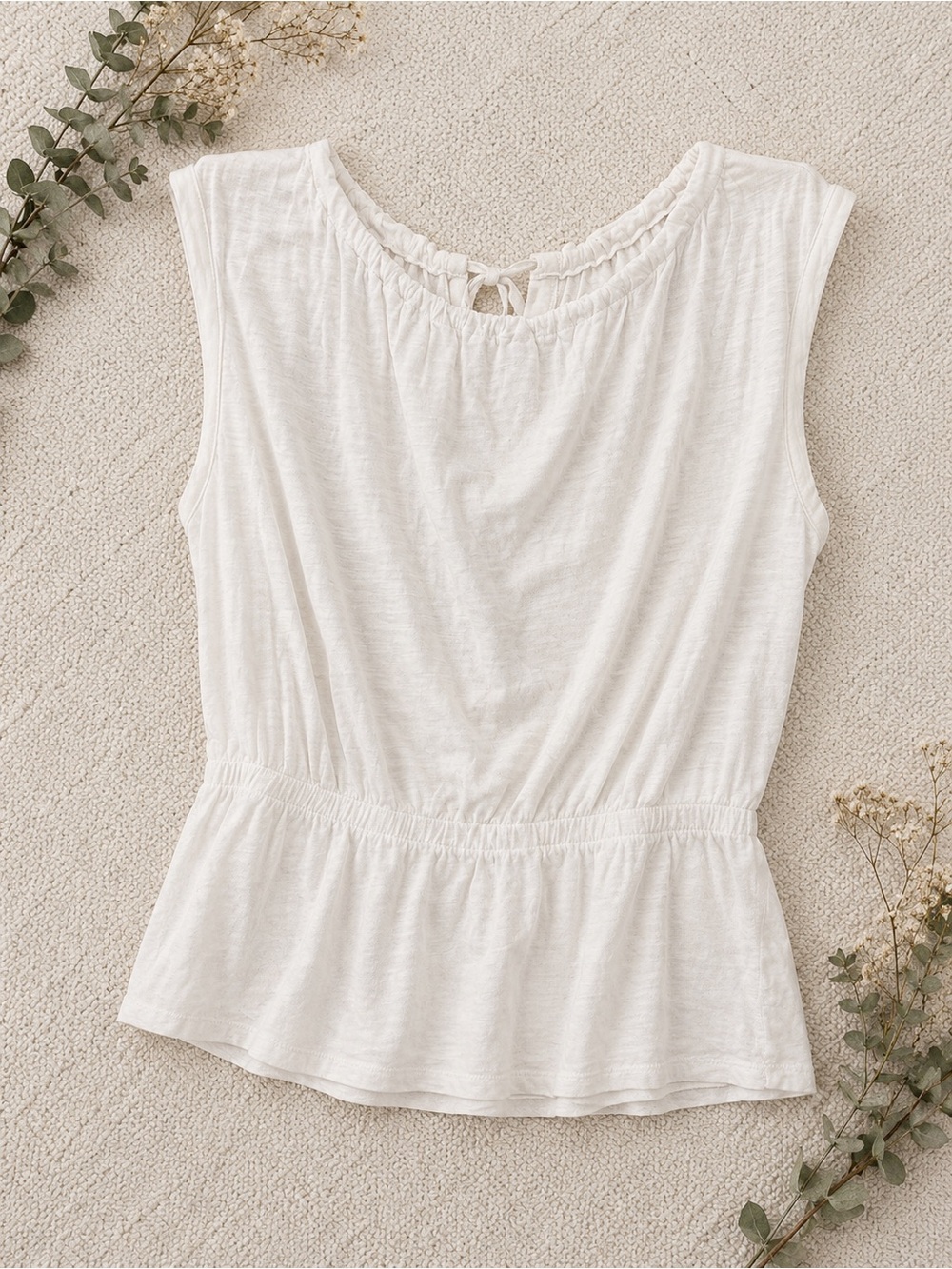 White Open Back Peplum Top | Sleeveless Tie Back Blouse | Size Medium